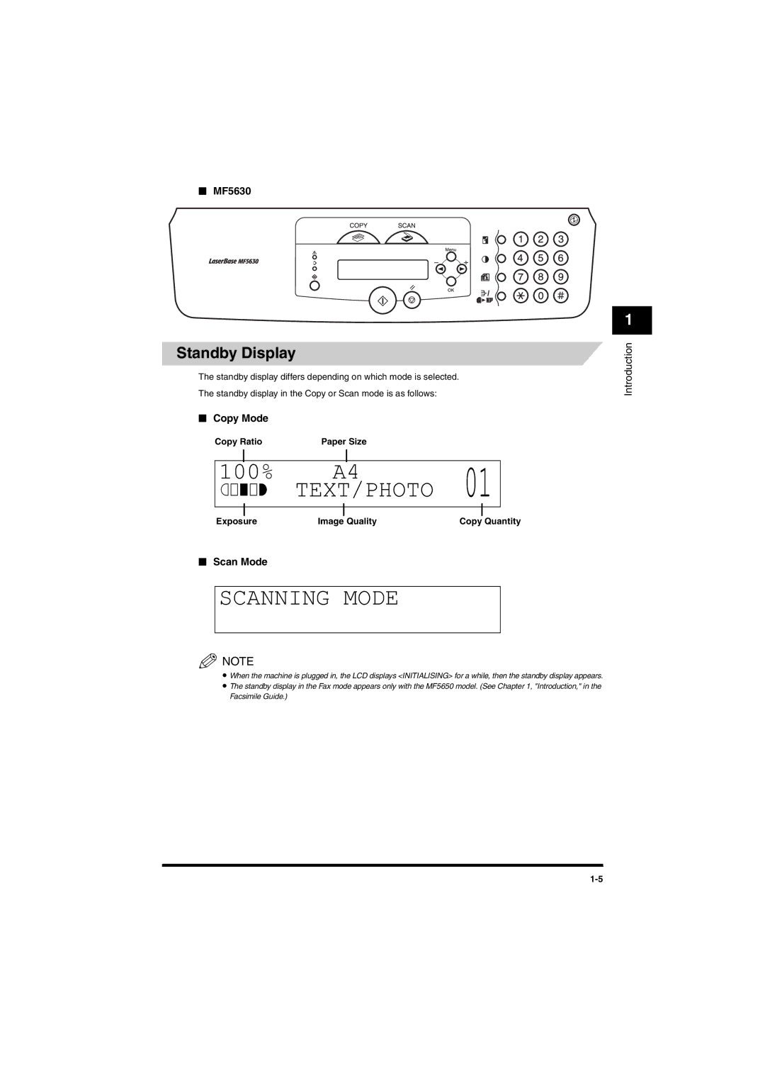 Canon MF5650 manual Standby Display, MF5630, Copy Mode, Scan Mode 