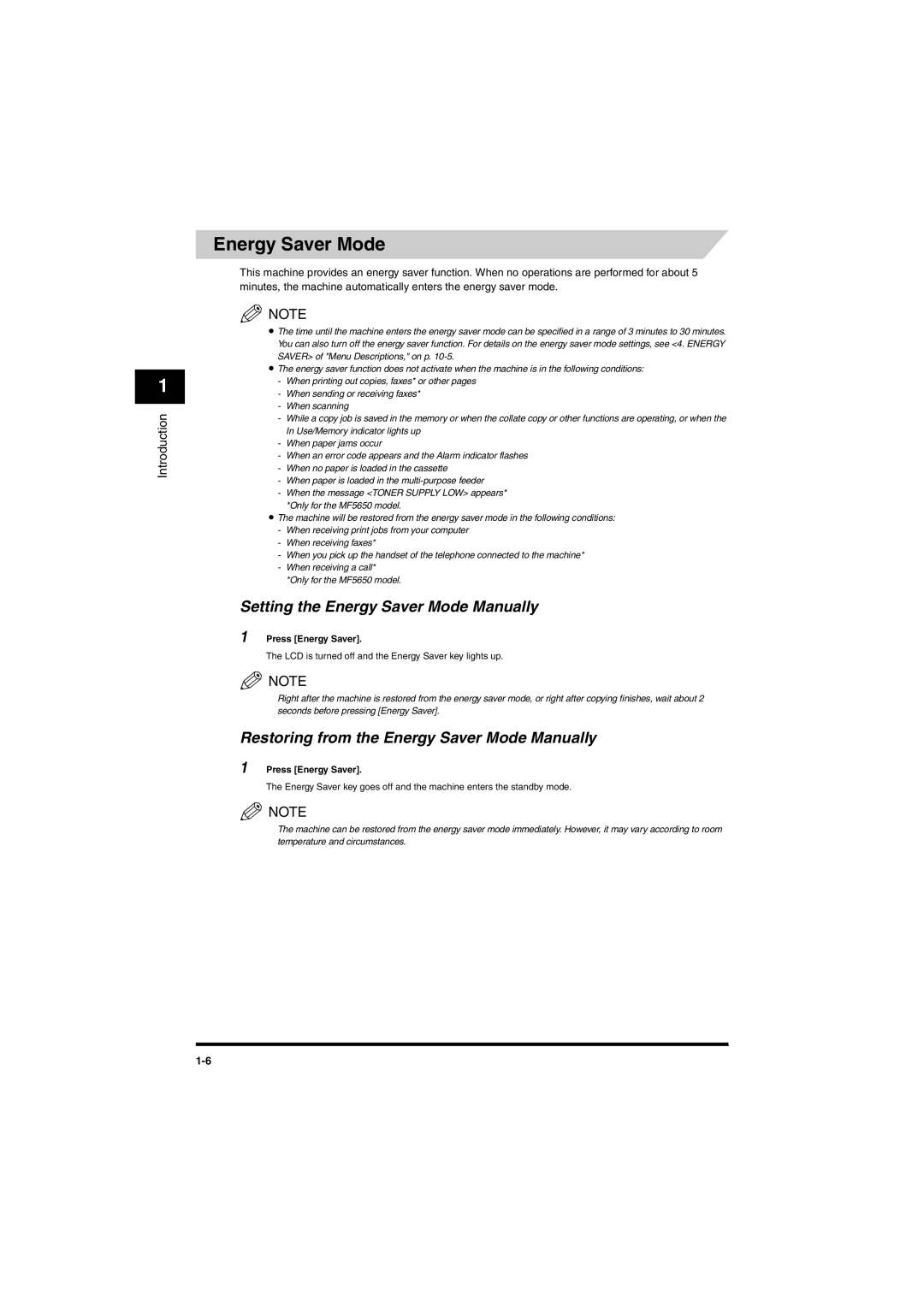 Canon MF5650 Setting the Energy Saver Mode Manually, Restoring from the Energy Saver Mode Manually, Press Energy Saver 