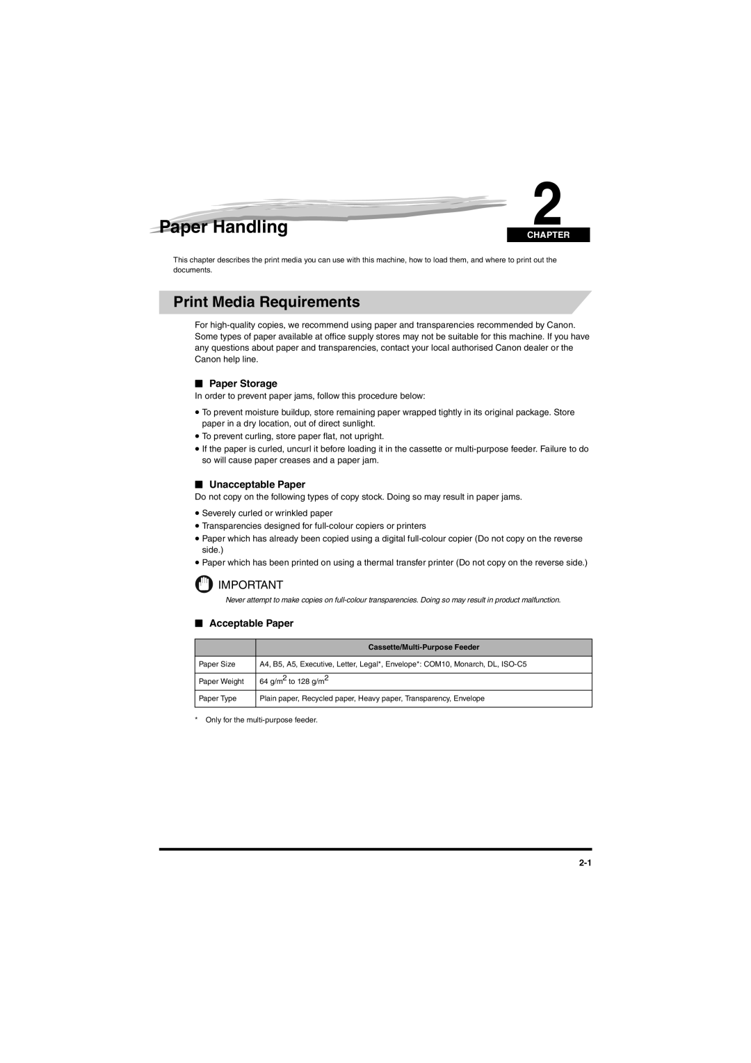 Canon MF5650 manual Paper Handling, Print Media Requirements, Paper Storage, Unacceptable Paper, Acceptable Paper 