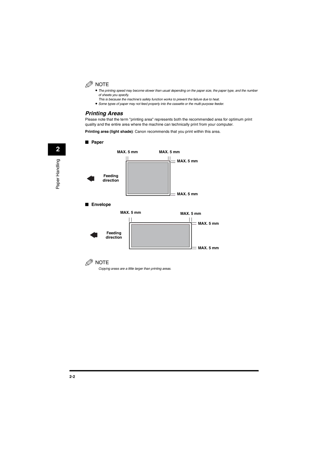 Canon MF5650 manual Printing Areas, Paper, Envelope 