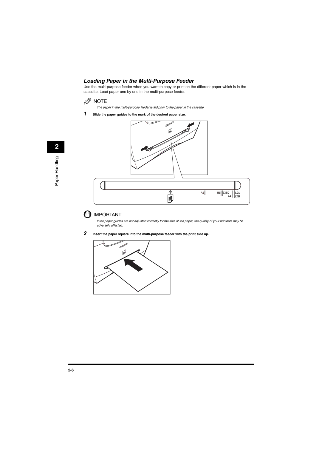 Canon MF5650 manual Loading Paper in the Multi-Purpose Feeder, Slide the paper guides to the mark of the desired paper size 