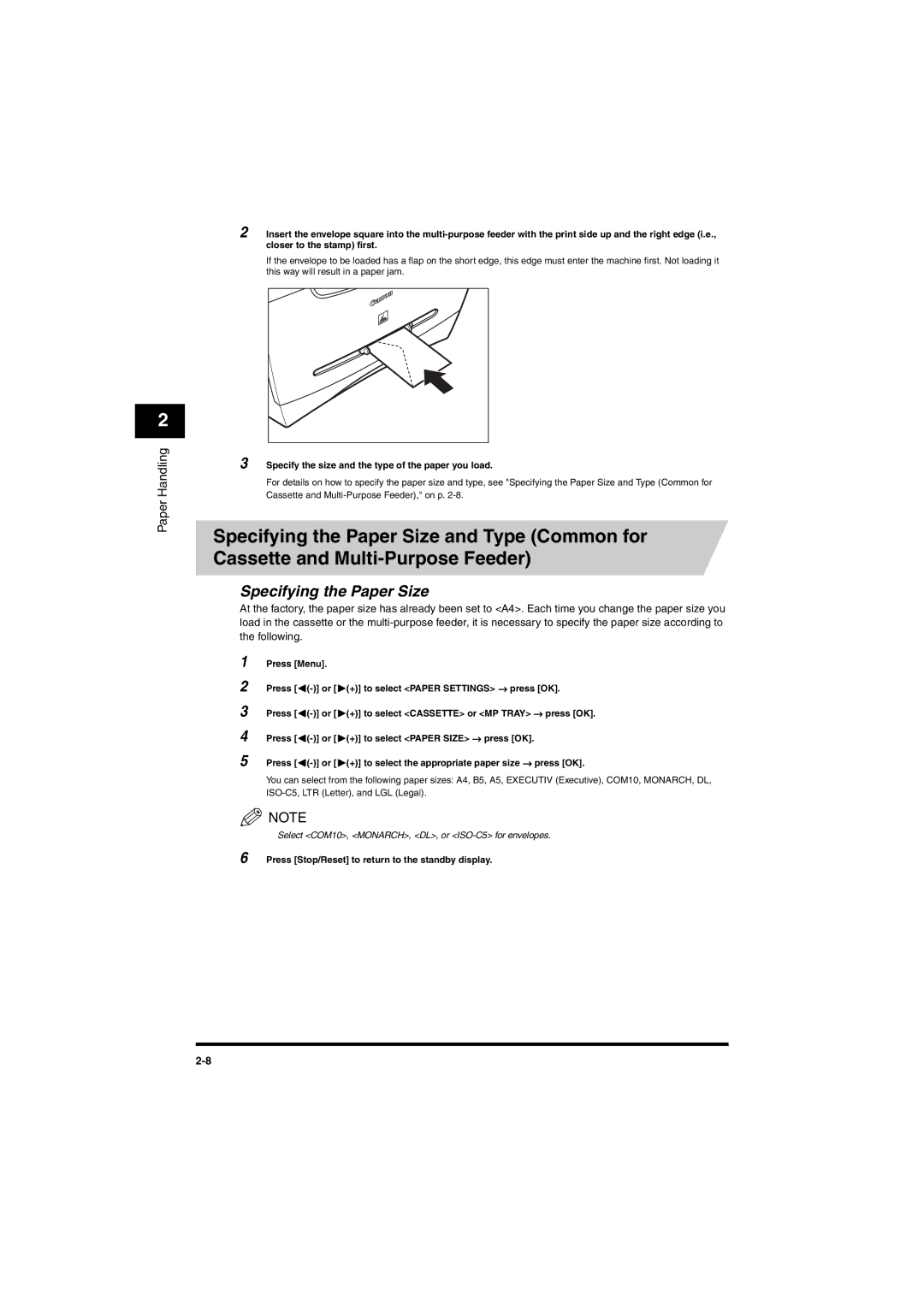 Canon MF5650 manual Specifying the Paper Size, Press Stop/Reset to return to the standby display 