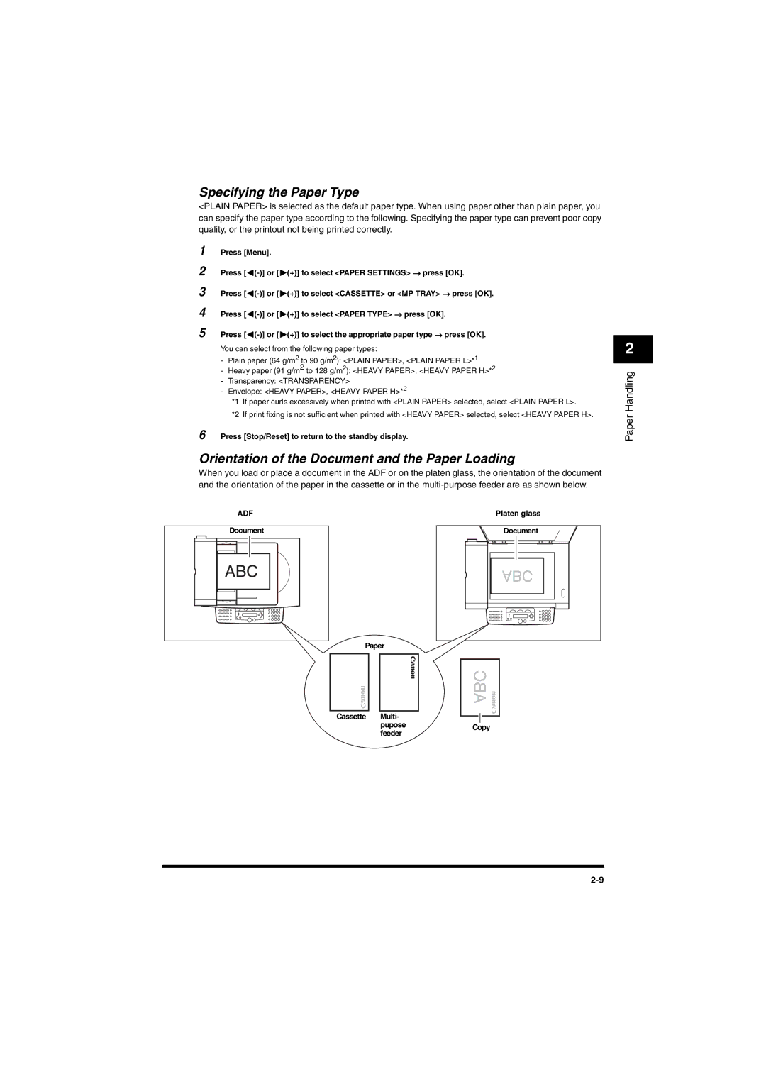 Canon MF5650 manual Specifying the Paper Type, Orientation of the Document and the Paper Loading, Platen glass 