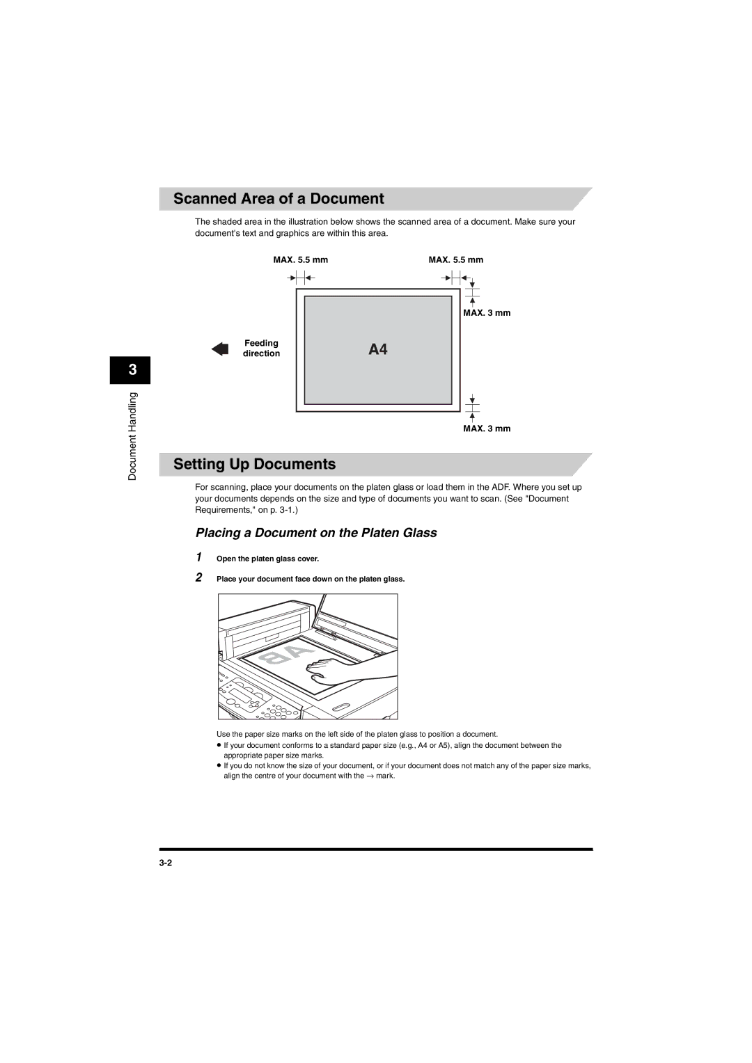 Canon MF5650 manual Scanned Area of a Document, Setting Up Documents, Placing a Document on the Platen Glass 