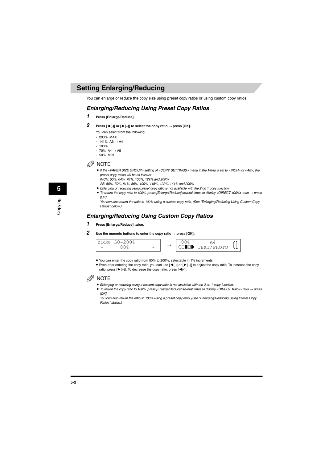 Canon MF5650 manual Setting Enlarging/Reducing, Enlarging/Reducing Using Preset Copy Ratios 