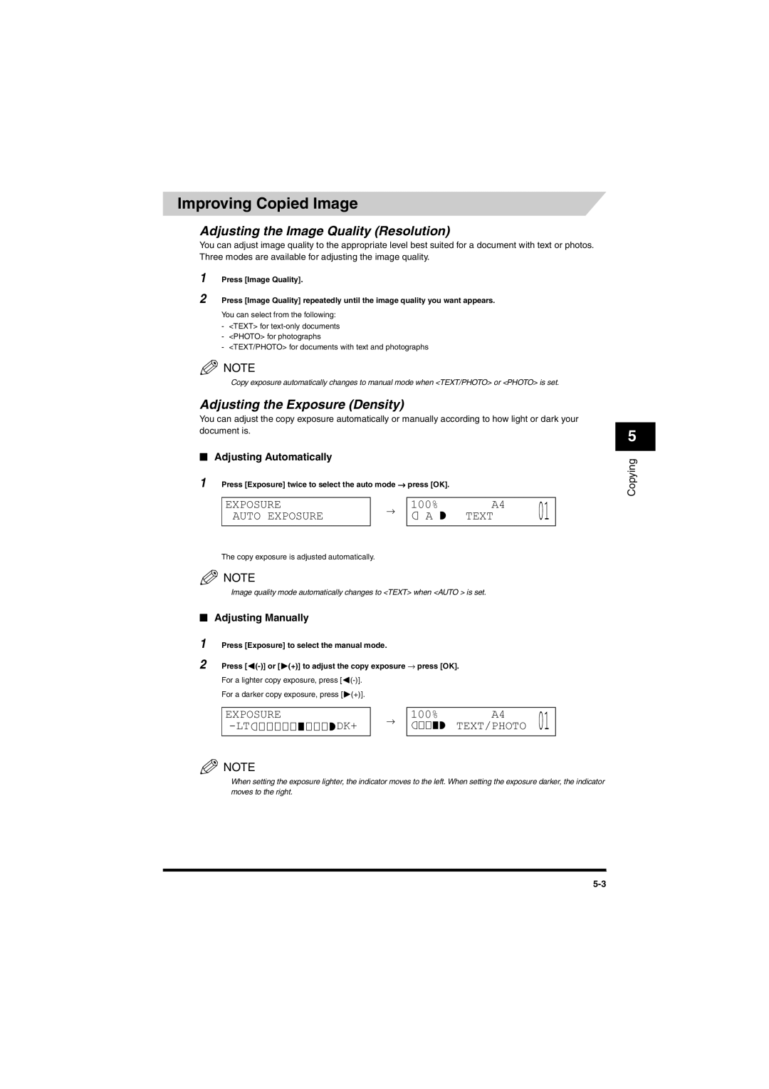 Canon MF5650 manual Improving Copied Image, Adjusting the Image Quality Resolution, Adjusting the Exposure Density 