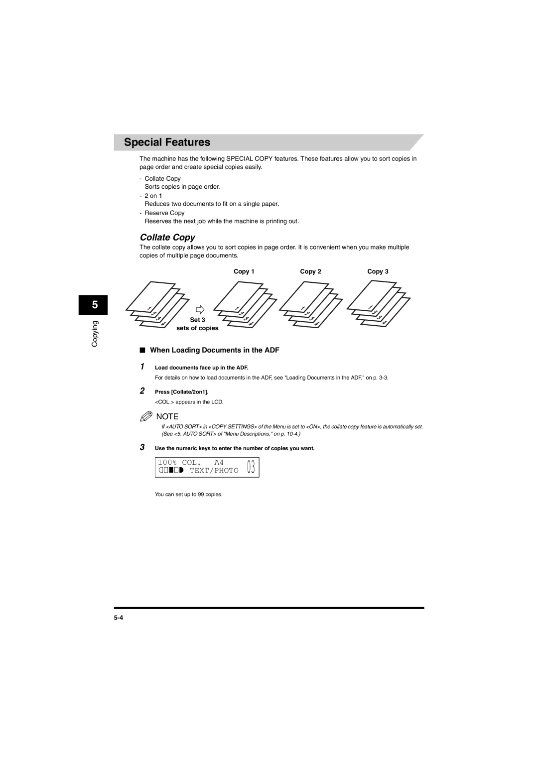 Canon MF5650 manual Special Features, Collate Copy, When Loading Documents in the ADF 