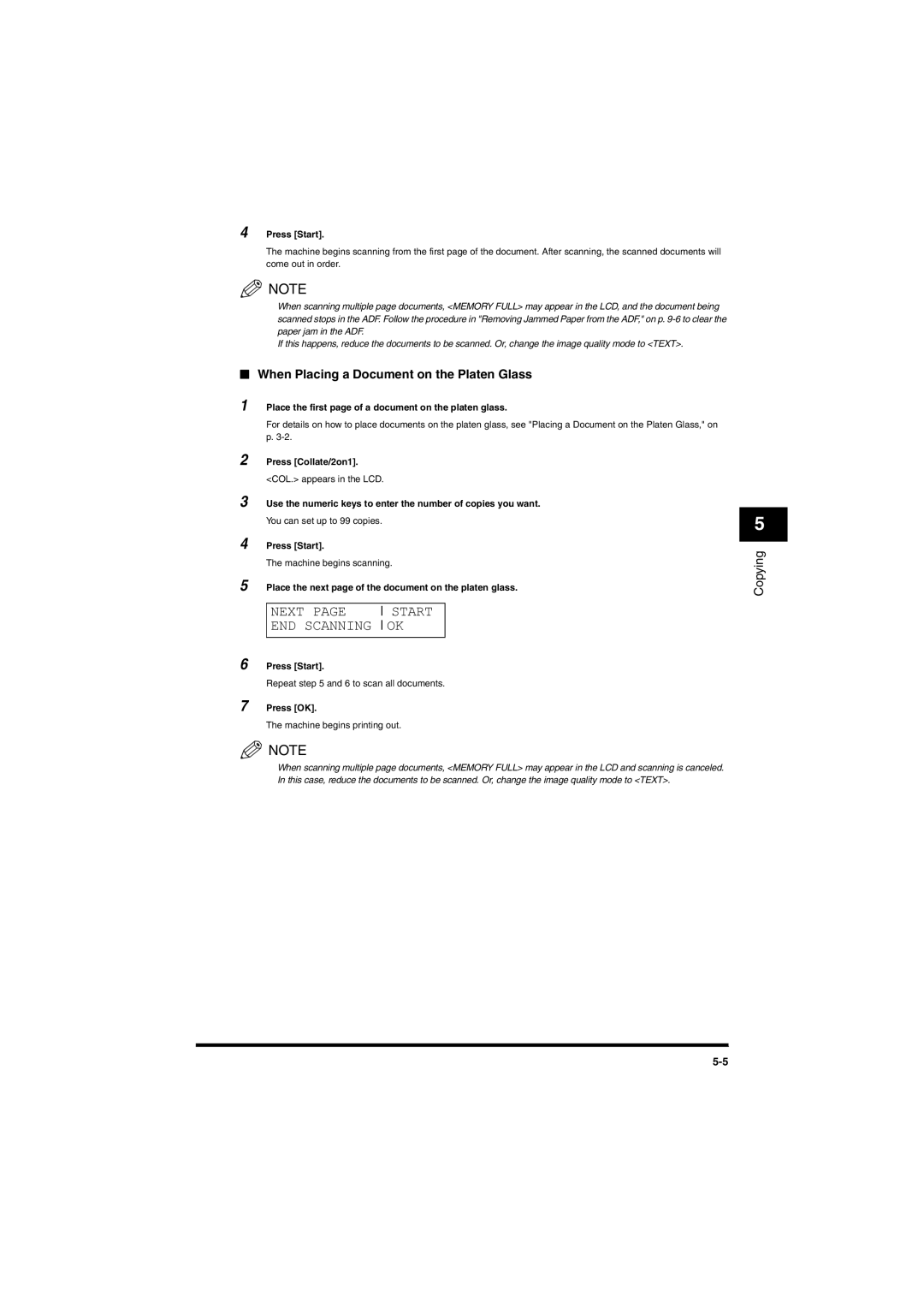 Canon MF5650 When Placing a Document on the Platen Glass, Place the first page of a document on the platen glass, Press OK 