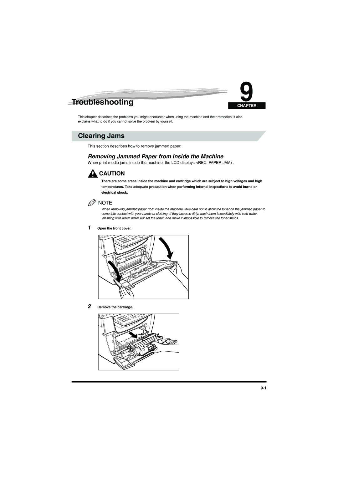 Canon MF5650 manual Troubleshooting, Clearing Jams, Removing Jammed Paper from Inside the Machine 