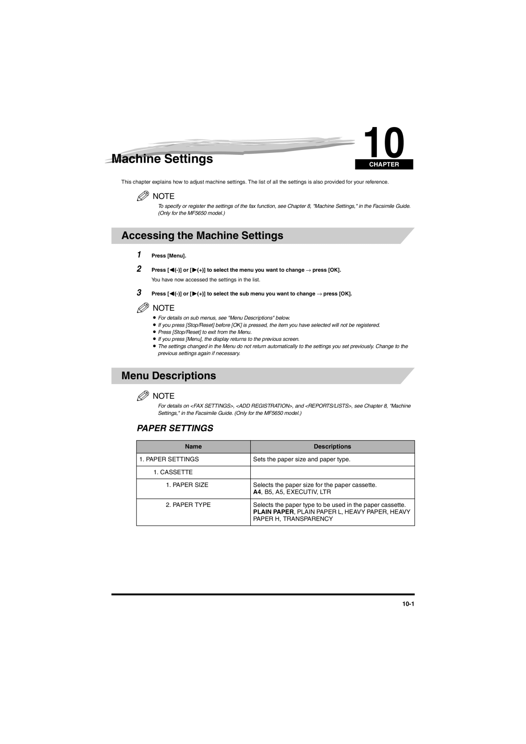 Canon MF5650 manual Accessing the Machine Settings, Menu Descriptions 