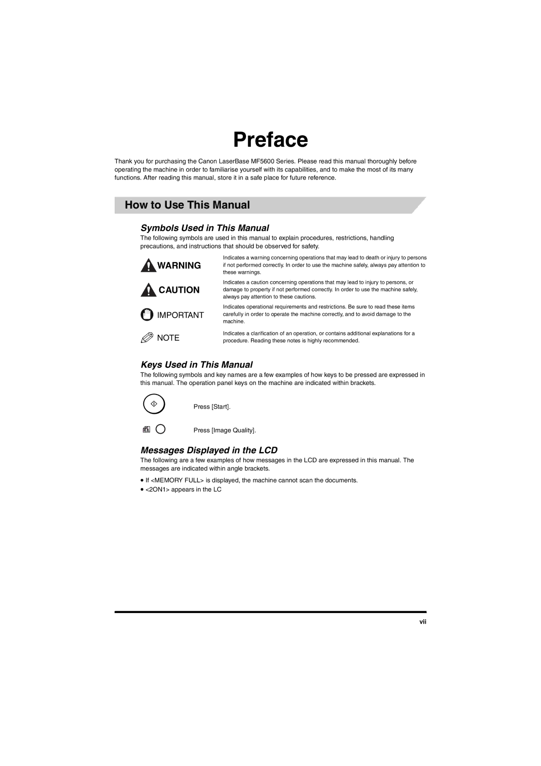 Canon MF5650 How to Use This Manual, Symbols Used in This Manual, Keys Used in This Manual, Messages Displayed in the LCD 