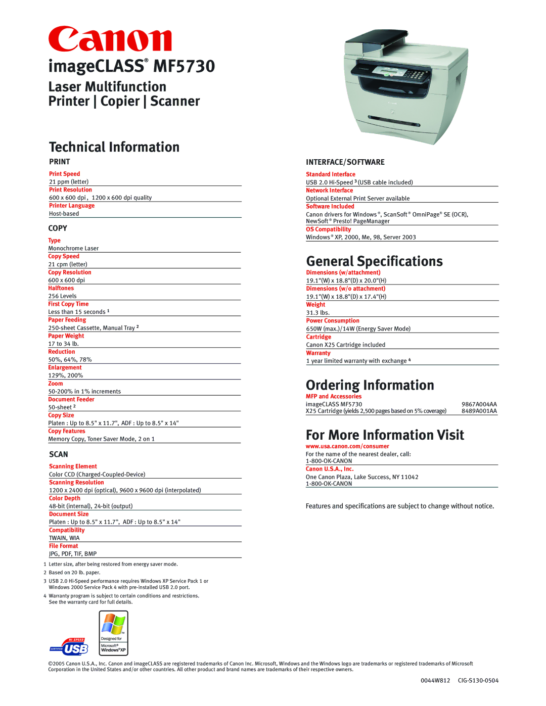 Canon MF5730 manual Technical Information, General Specifications, Ordering Information, For More Information Visit 