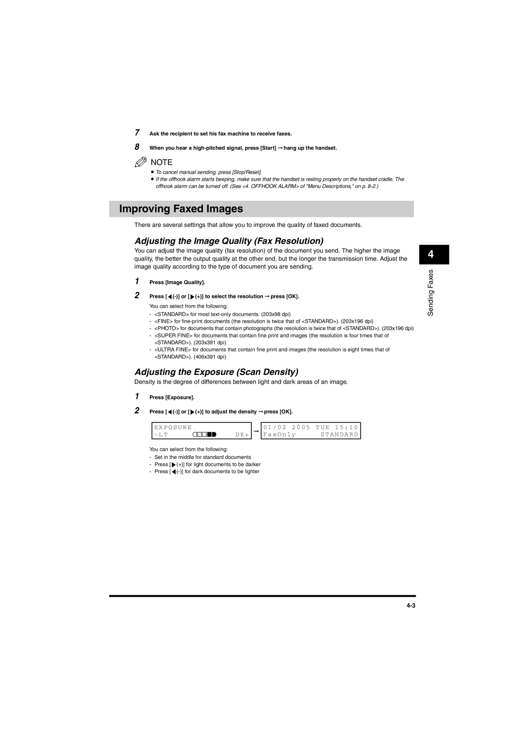 Canon MF5750 manual Improving Faxed Images, Adjusting the Image Quality Fax Resolution, Adjusting the Exposure Scan Density 