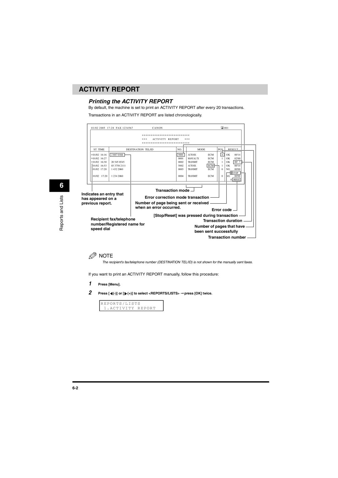 Canon MF5750 manual Printing the Activity Report, Error correction mode transaction, Number of page being sent or received 