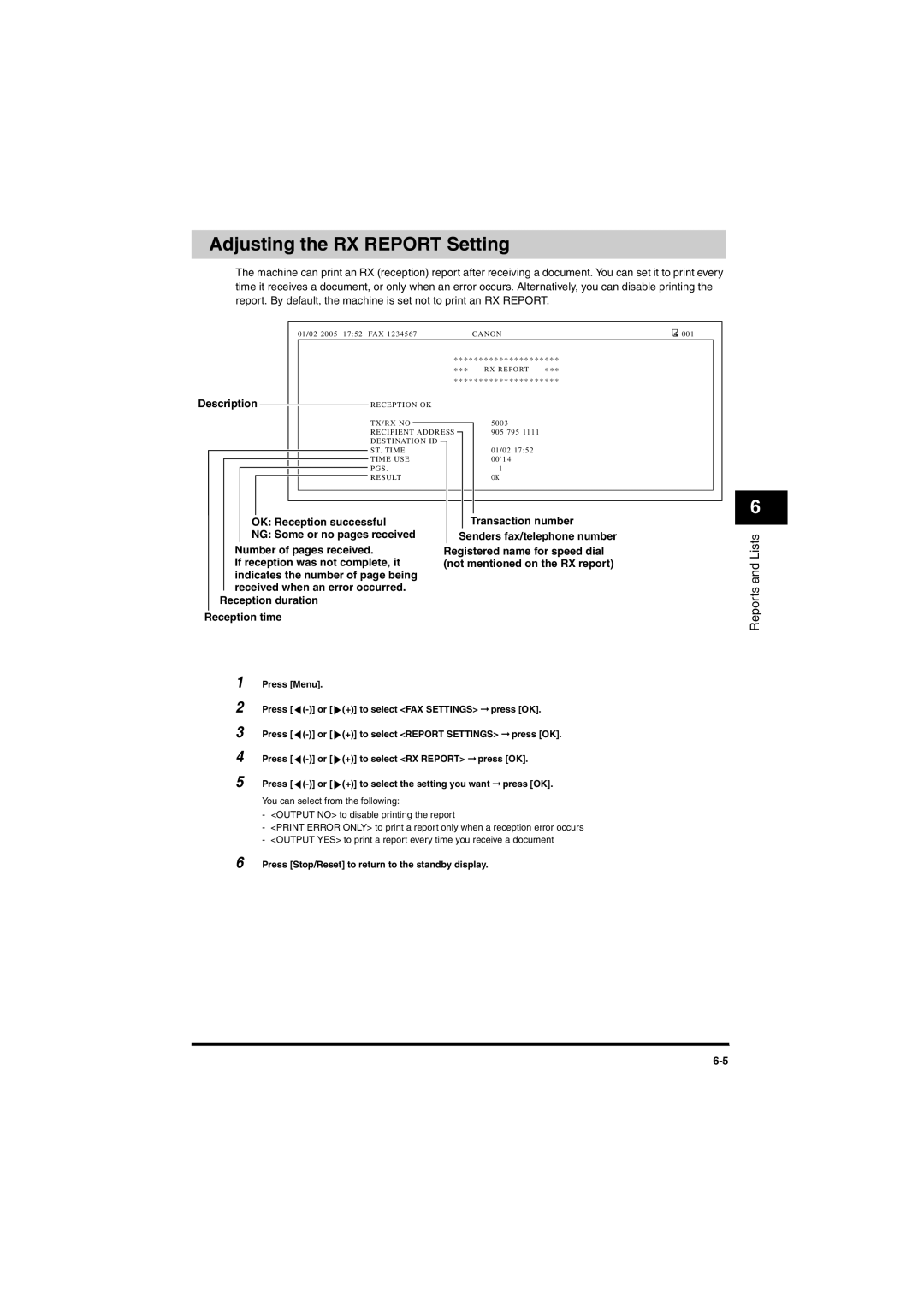 Canon MF5770, MF5750 manual Adjusting the RX Report Setting, OK Reception successful 