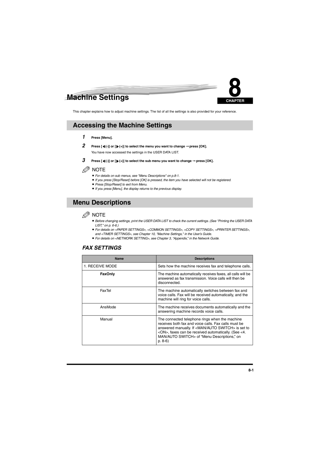 Canon MF5770, MF5750 manual Accessing the Machine Settings, Menu Descriptions, Name Descriptions 