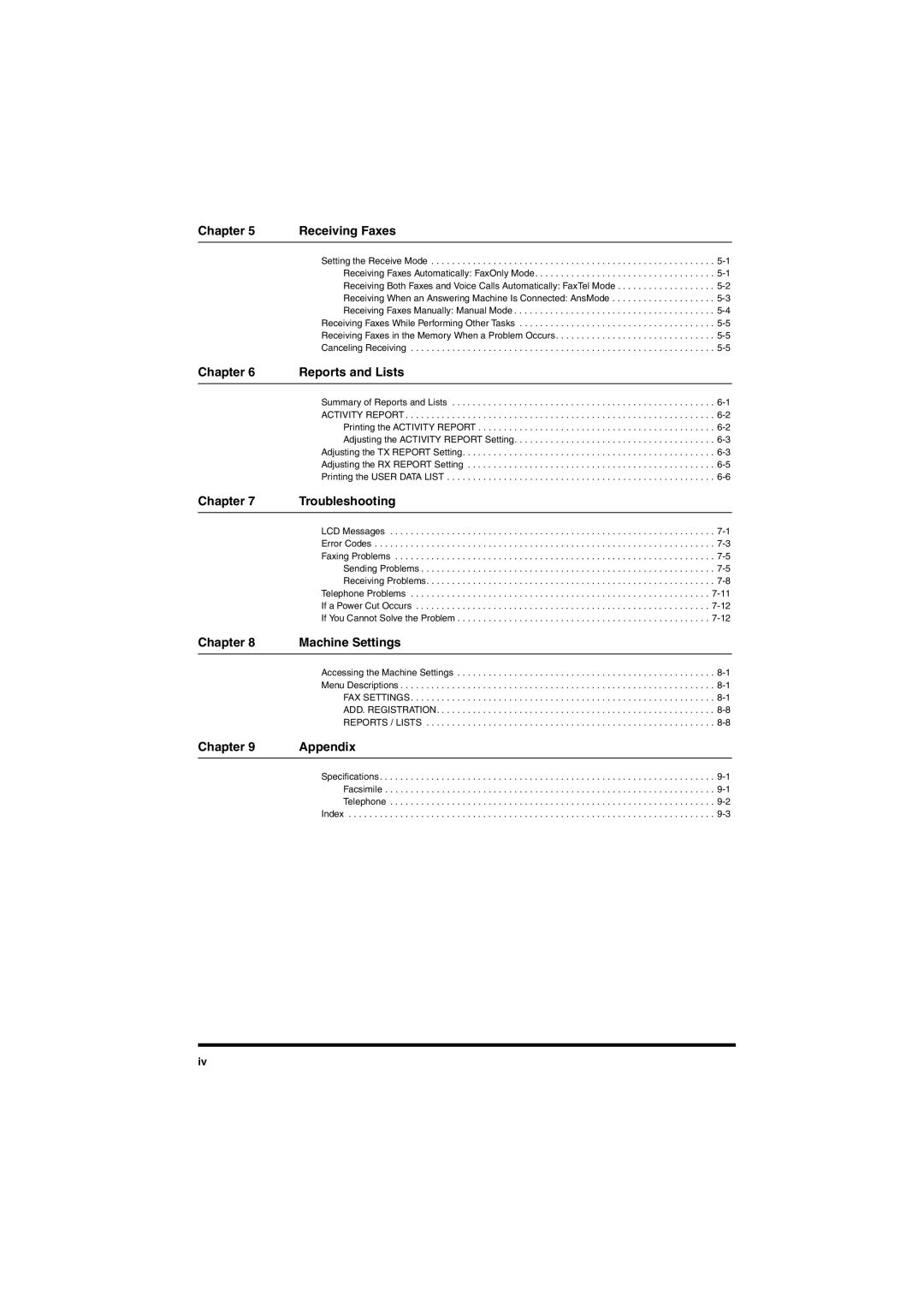 Canon MF5770 manual Chapter Receiving Faxes, Reports and Lists, Chapter Troubleshooting, Machine Settings, Chapter Appendix 