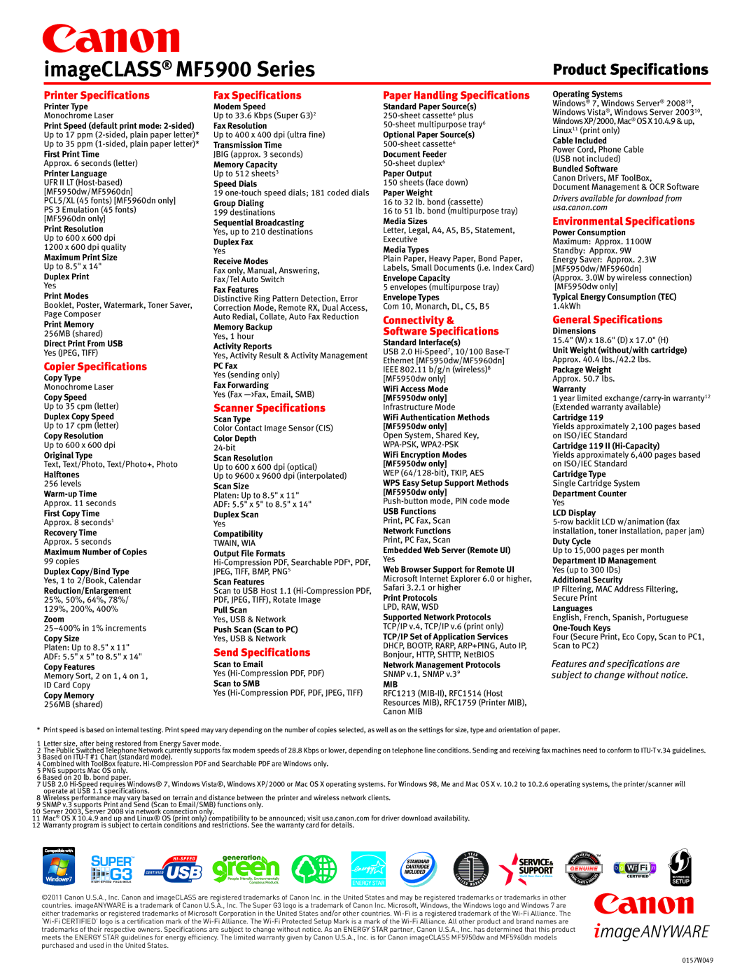 Canon MF5960DN, MF5950dw specifications ImageCLASS MF5900 Series 