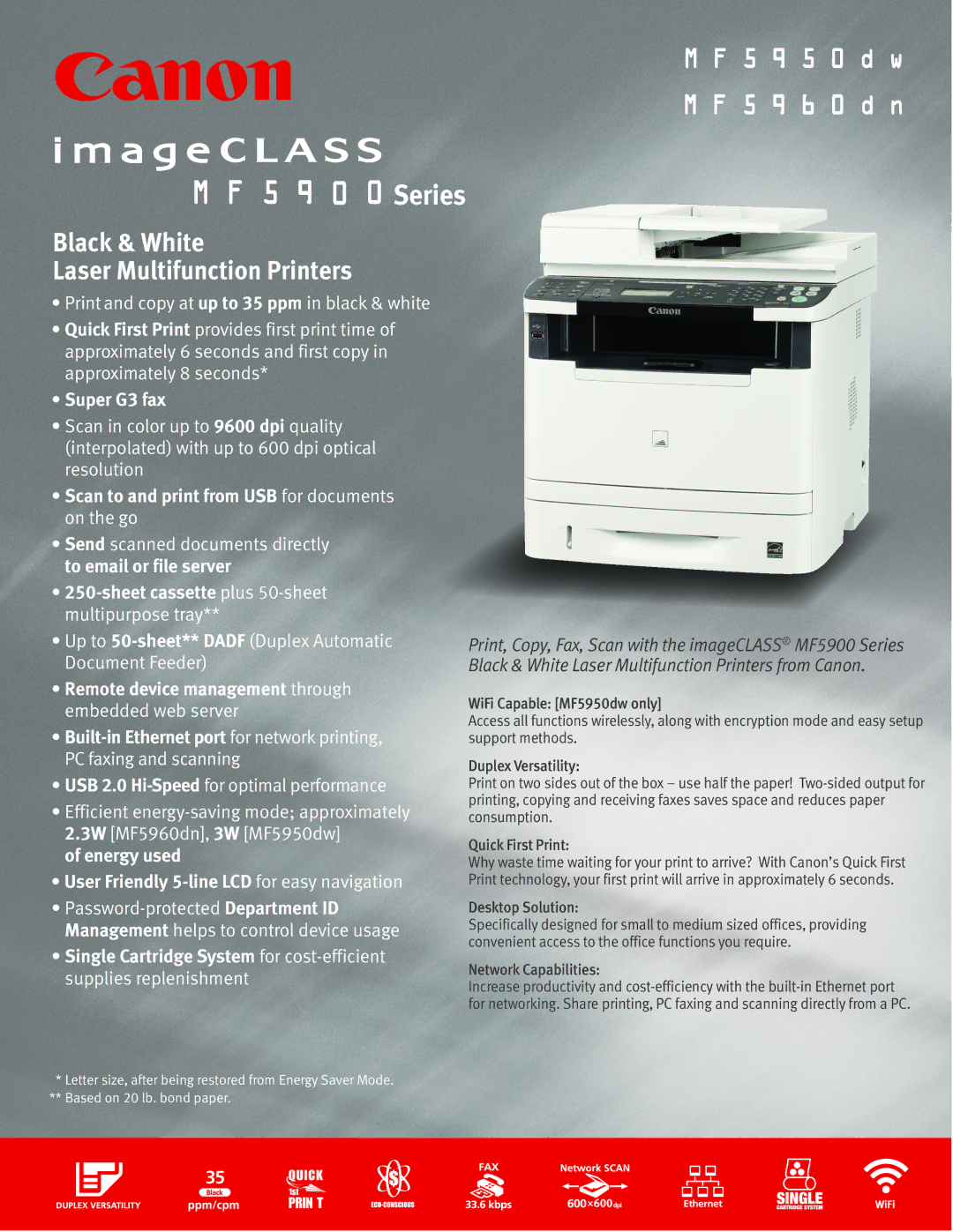 Canon MF5950dw, MF5960DN specifications Series, Black & White Laser Multifunction Printers 