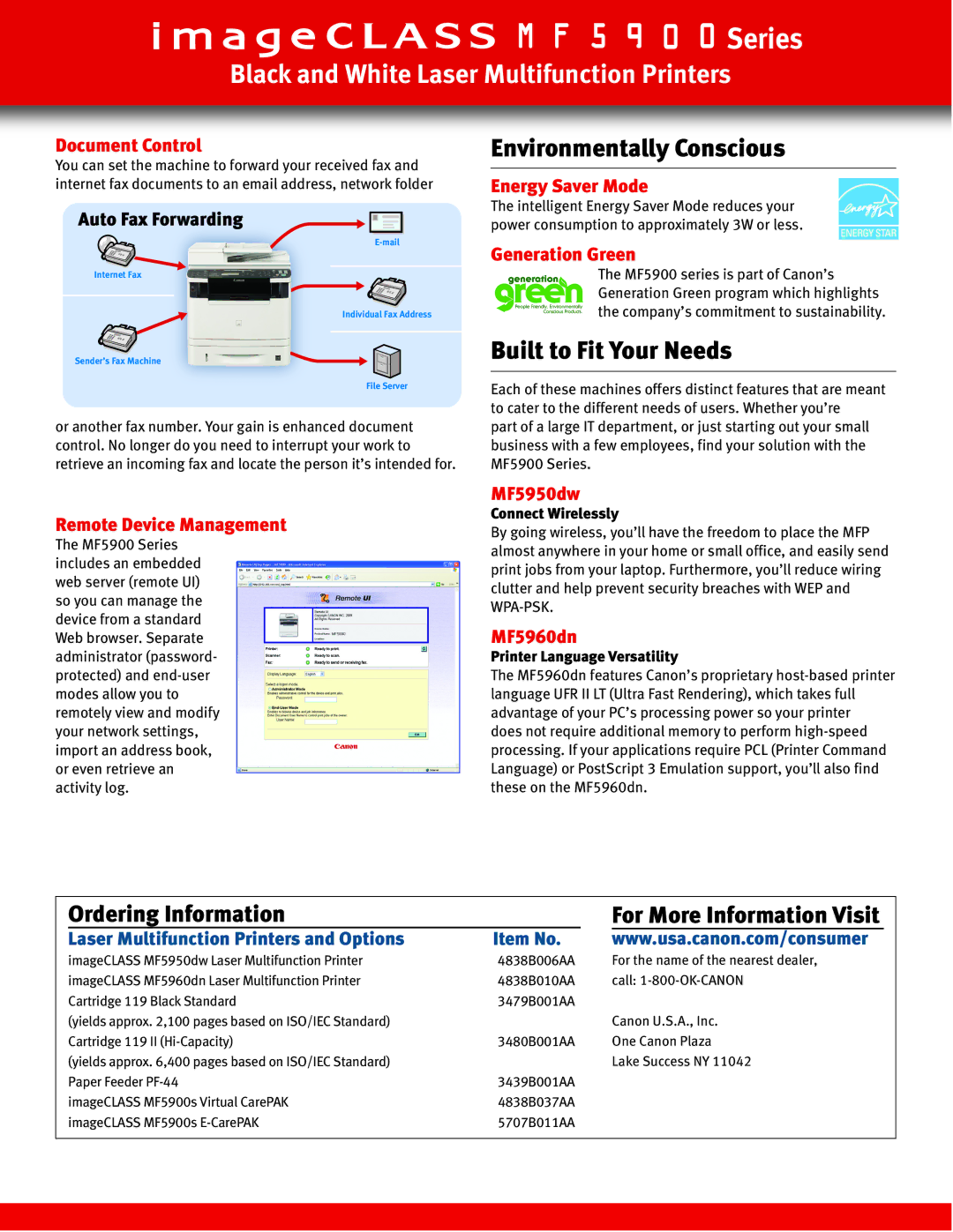 Canon MF5950dw, MF5960DN specifications Environmentally Conscious, Built to Fit Your Needs 