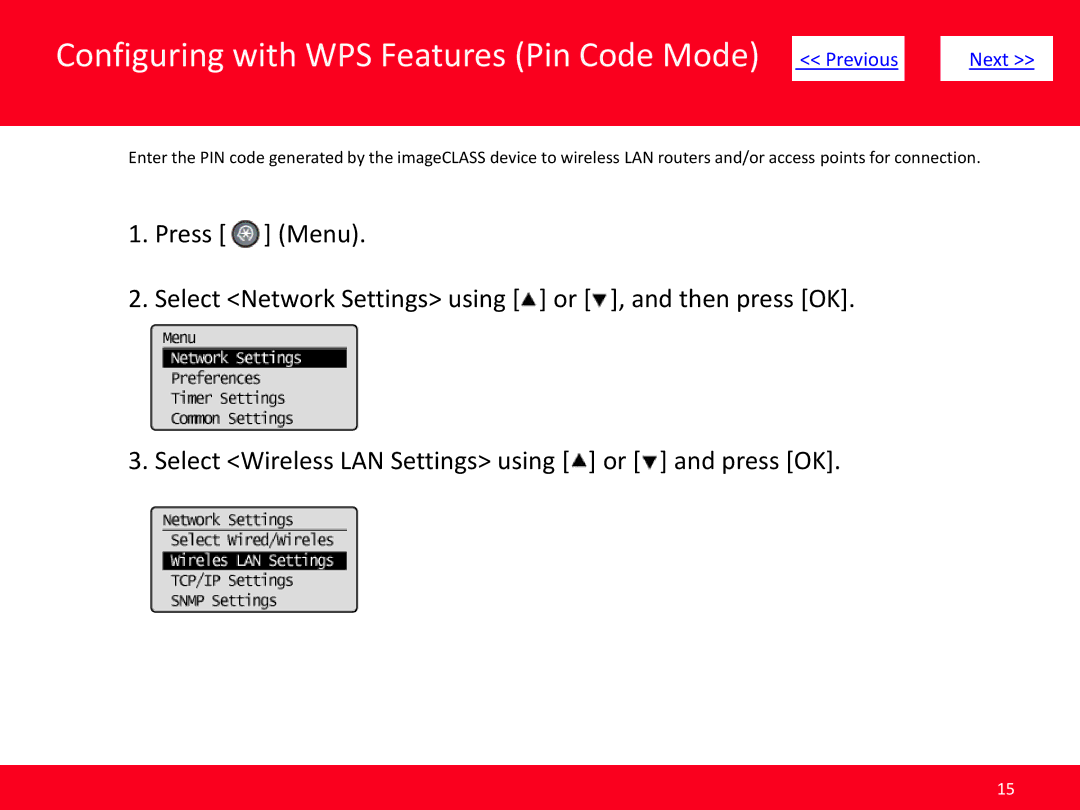 Canon MF5950dw manual Configuring with WPS Features Pin Code Mode Previous 