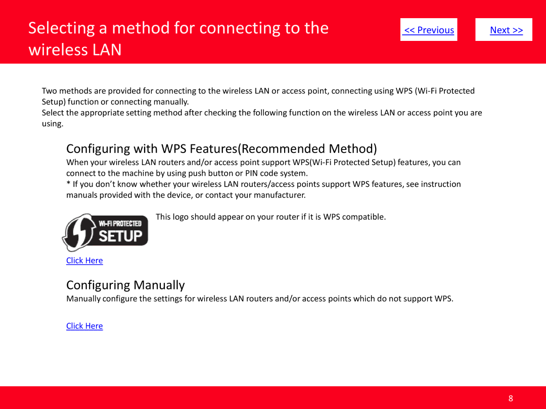 Canon MF5950dw Selecting a method for connecting to the wireless LAN, Configuring with WPS FeaturesRecommended Method 