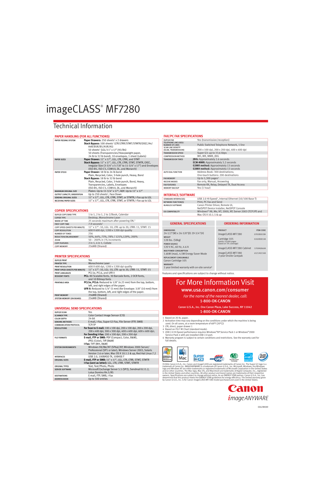 Canon imageCLASS MF7280, For More Information Visit, Technical Information, For the name of the nearest dealer, call 