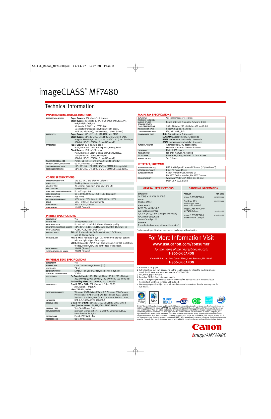 Canon imageCLASS MF7480, For More Information Visit, Technical Information, For the name of the nearest dealer, call 