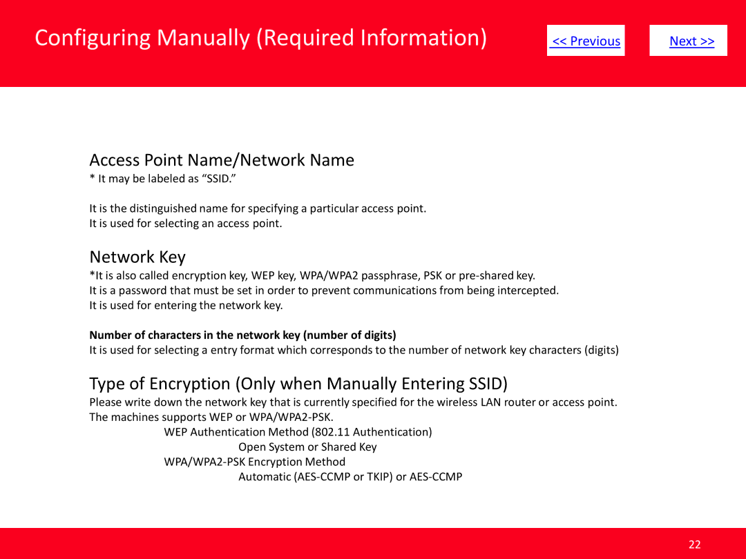 Canon MF8080Cw, MF8380Cdw manual Configuring Manually Required Information, Access Point Name/Network Name, Network Key 