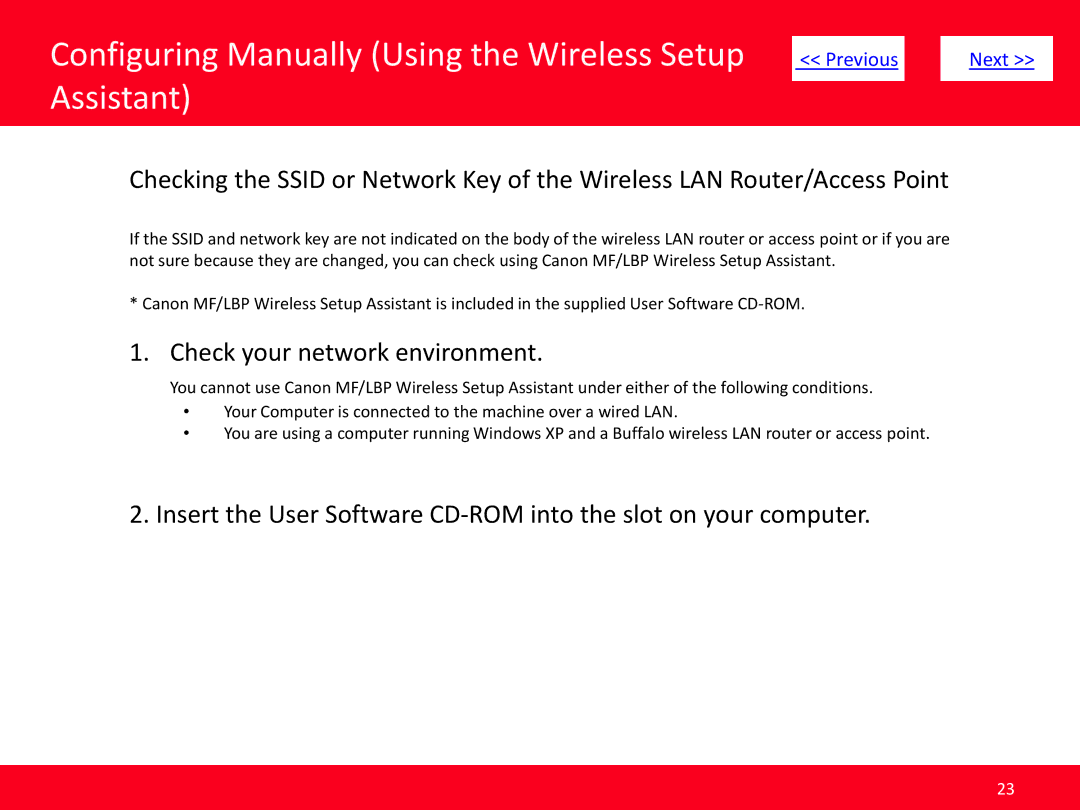 Canon MF8380Cdw, MF8080Cw manual Configuring Manually Using the Wireless Setup, Assistant, Check your network environment 