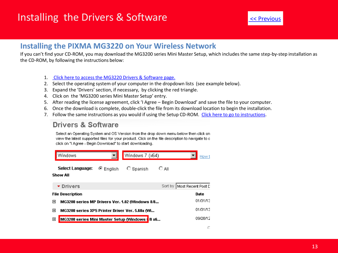 Canon Mg3220 manual Installing the Drivers & Software, Installing the PIXMA MG3220 on Your Wireless Network, Previous 