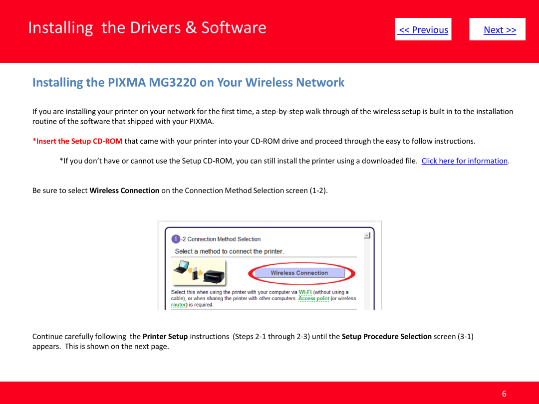 Canon Mg3220 manual Installing the PIXMA MG3220 on Your Wireless Network, Installing the Drivers & Software, Previous, Next 