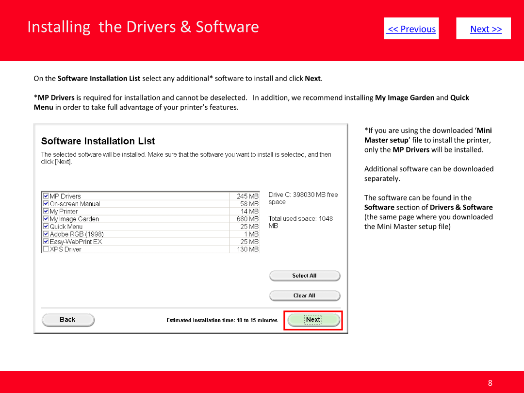 Canon Mg3220 manual Installing the Drivers & Software, Previous, Next, Additional software can be downloaded separately 