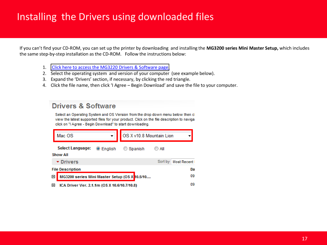 Canon Mg3220 manual Installing the Drivers using downloaded files, Previous 