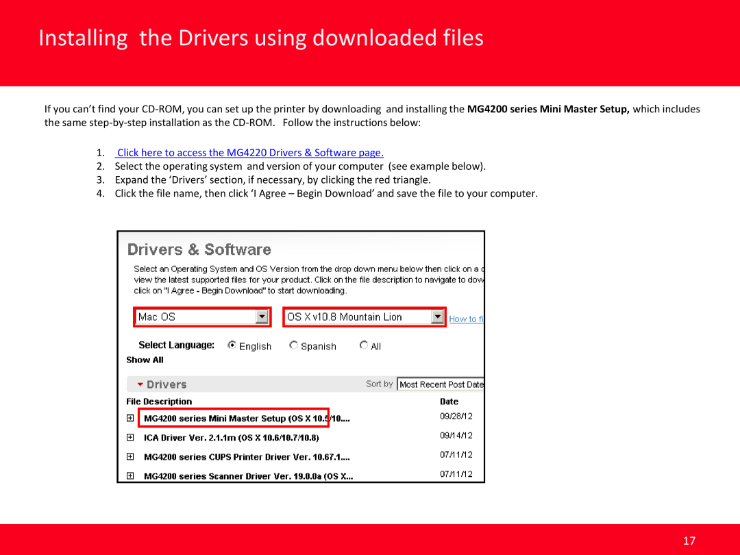Canon MG4220 manual Installing the Drivers using downloaded files, Previous 