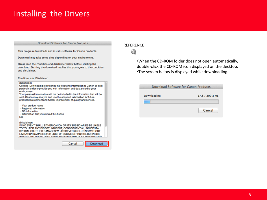 Canon MG4220 manual Installing the Drivers, Previous, Next, Reference, The screen below is displayed while downloading 