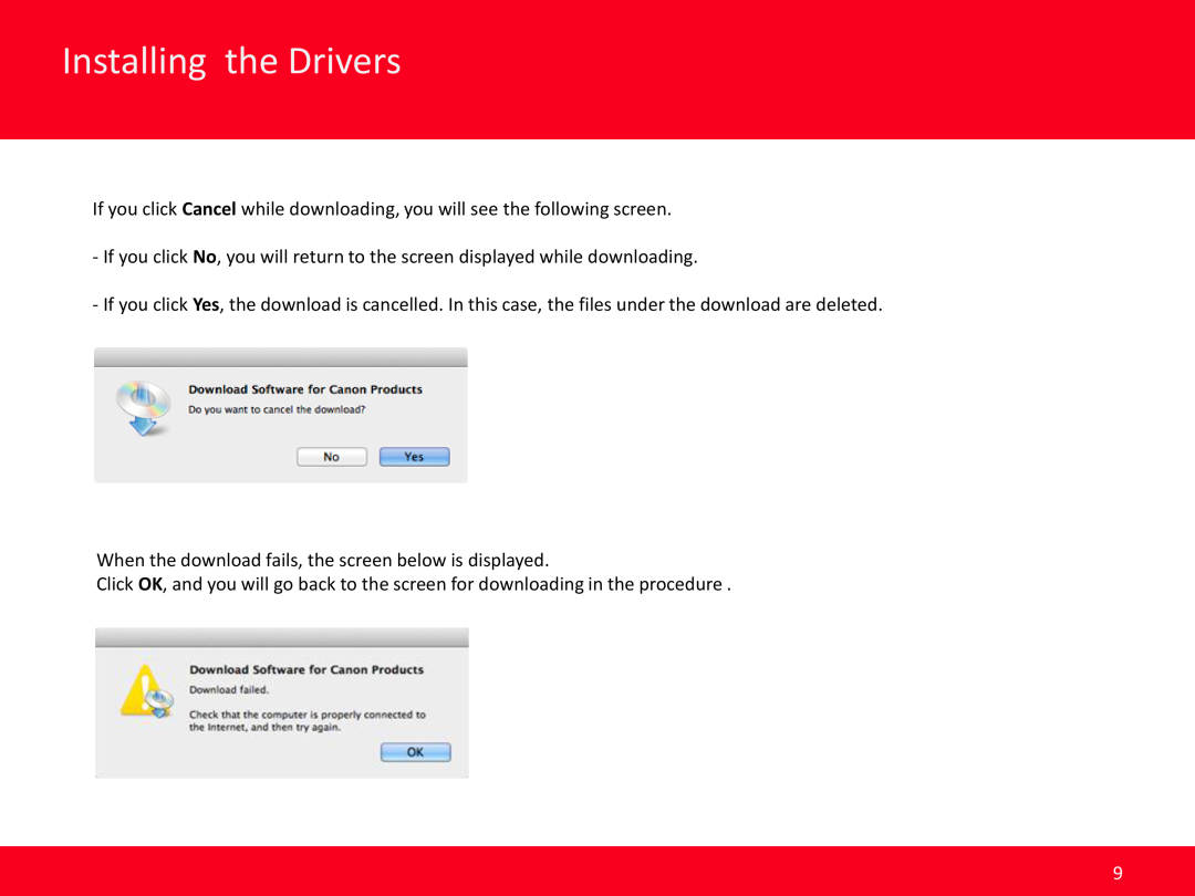 Canon MG4220 manual Installing the Drivers, Previous, Next, When the download fails, the screen below is displayed 
