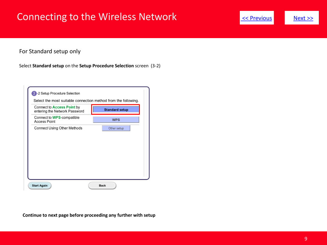 Canon MG5320 manual Connecting to the Wireless Network, Previous, Next, For Standard setup only 