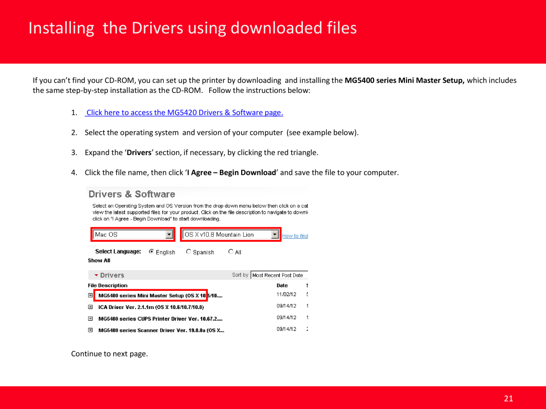 Canon MG5420 manual Installing the Drivers using downloaded files, Previous 