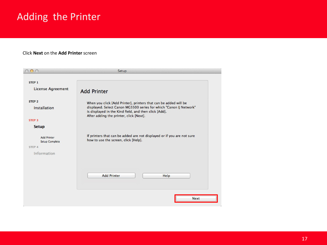 Canon MG5520 manual Adding the Printer, Click Next on the Add Printer screen 