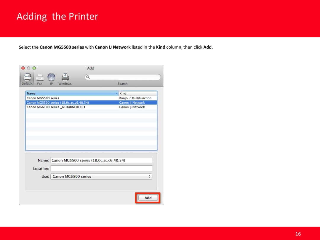 Canon MG5520 manual Adding the Printer 