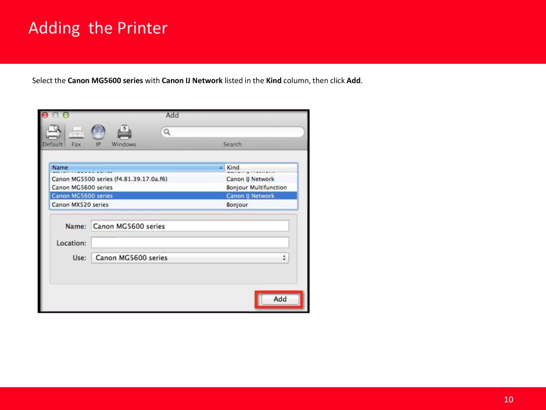 Canon MG5620 manual Adding the Printer 