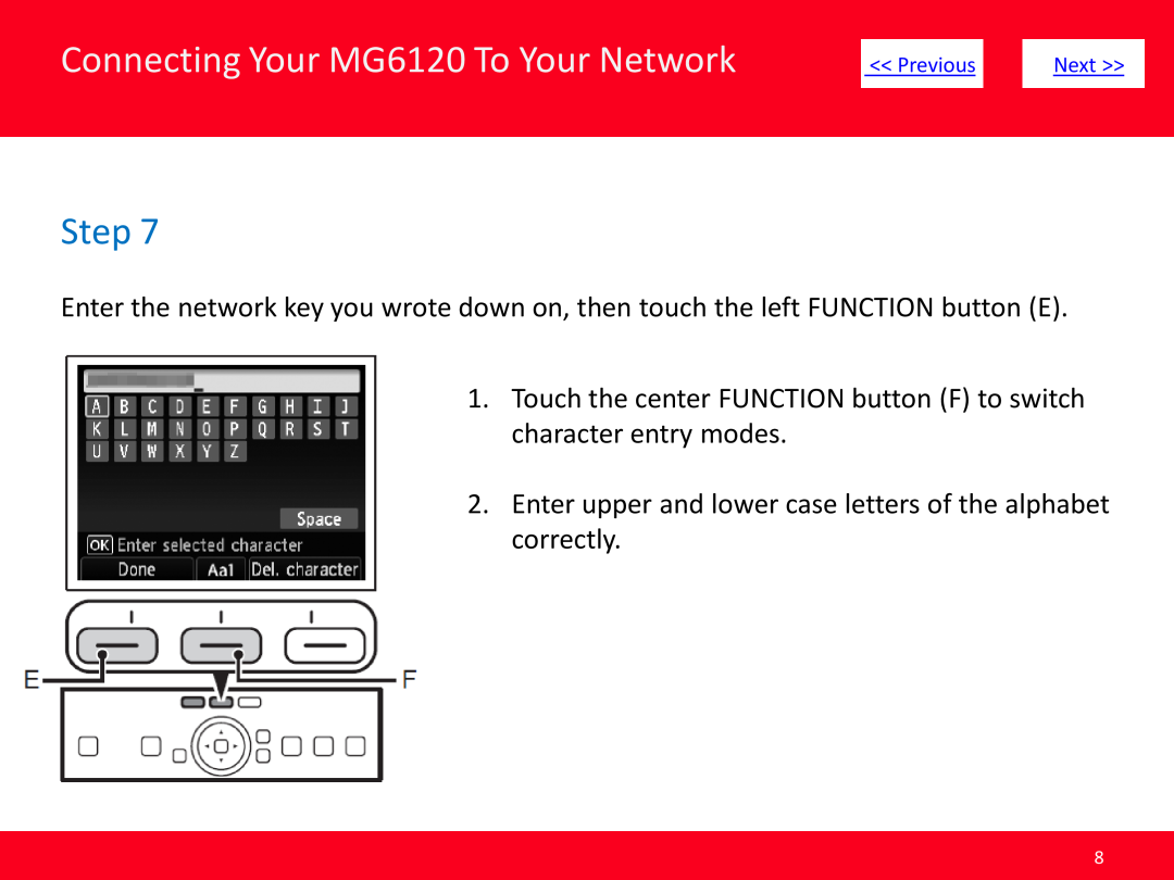 Canon Touch the center FUNCTION button F to switch character entry modes, Connecting Your MG6120 To Your Network, Step 