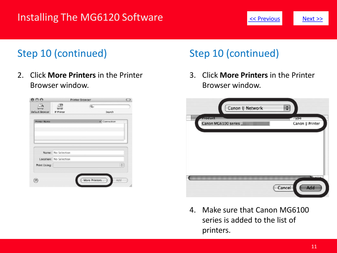 Canon MG6120 continued, Click More Printers in the Printer, Browser window, Make sure that Canon MG6100, Previous, Next 