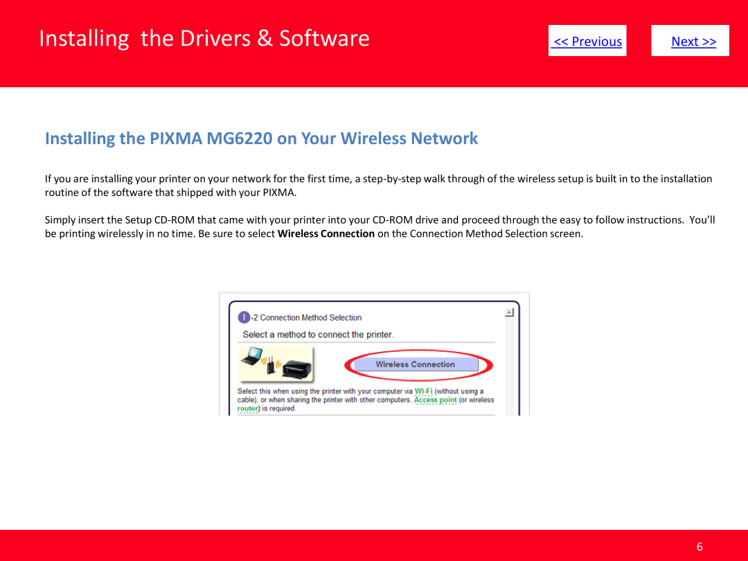 Canon manual Installing the PIXMA MG6220 on Your Wireless Network, Installing the Drivers & Software, Previous, Next 