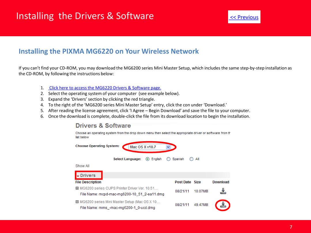 Canon manual Installing the Drivers & Software, Installing the PIXMA MG6220 on Your Wireless Network, Previous 