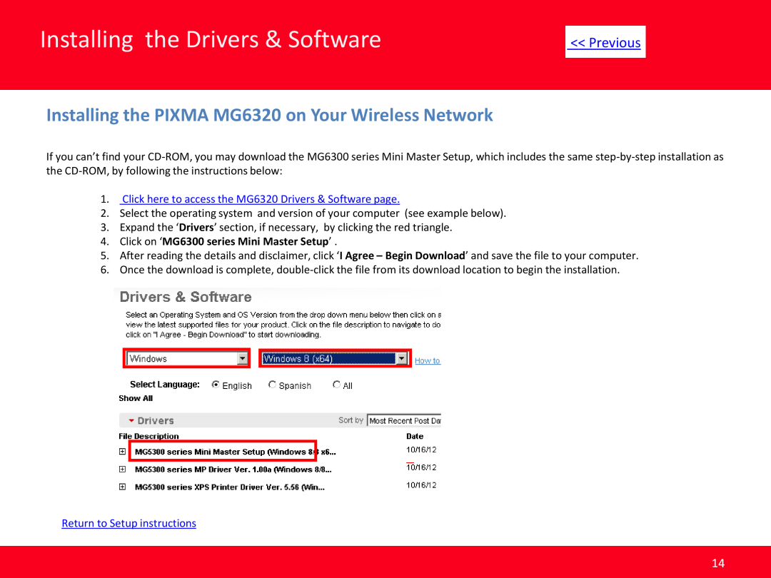Canon MG6320 (white) Installing the PIXMA MG6320 on Your Wireless Network, Installing the Drivers & Software, Previous 