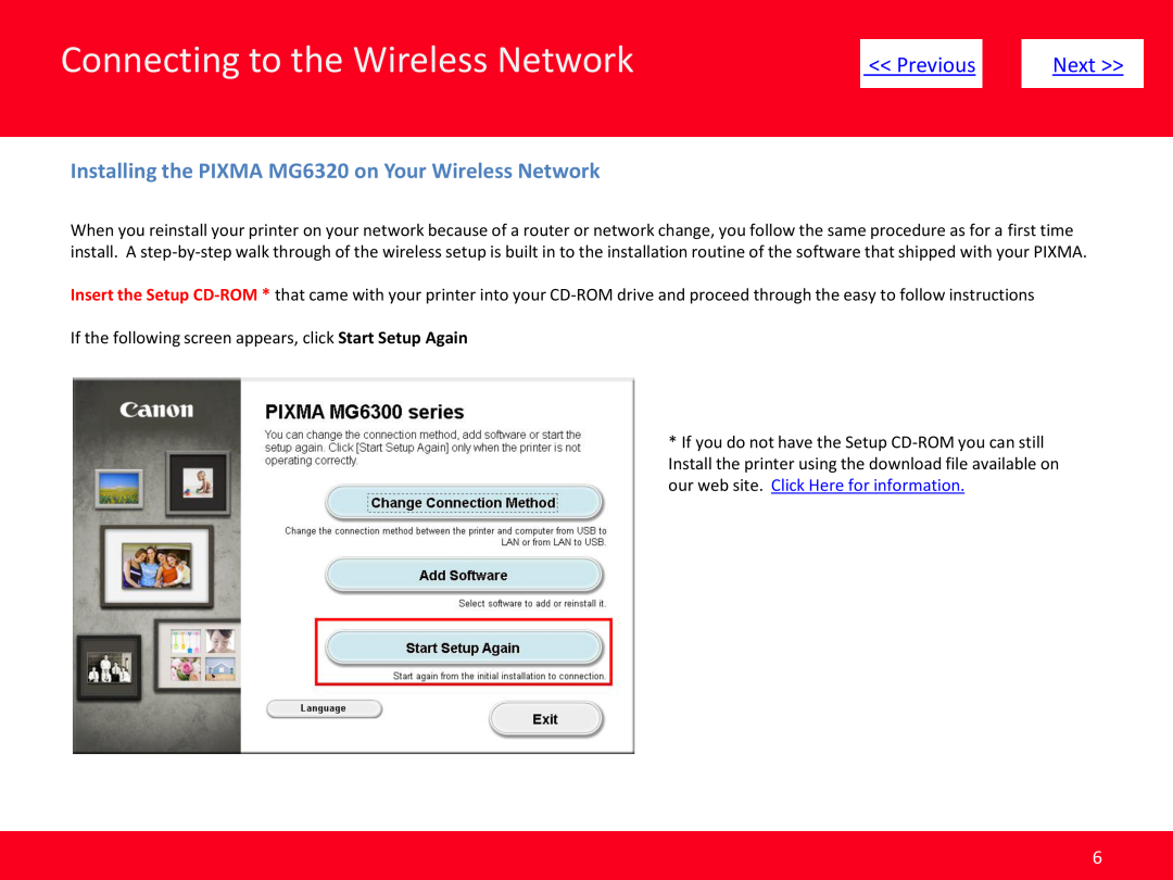 Canon MG6320 (white) Connecting to the Wireless Network, Installing the PIXMA MG6320 on Your Wireless Network, Previous 