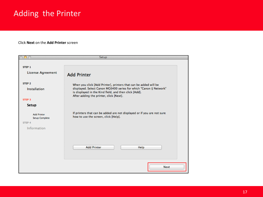 Canon MG6420 manual Adding the Printer, Click Next on the Add Printer screen 