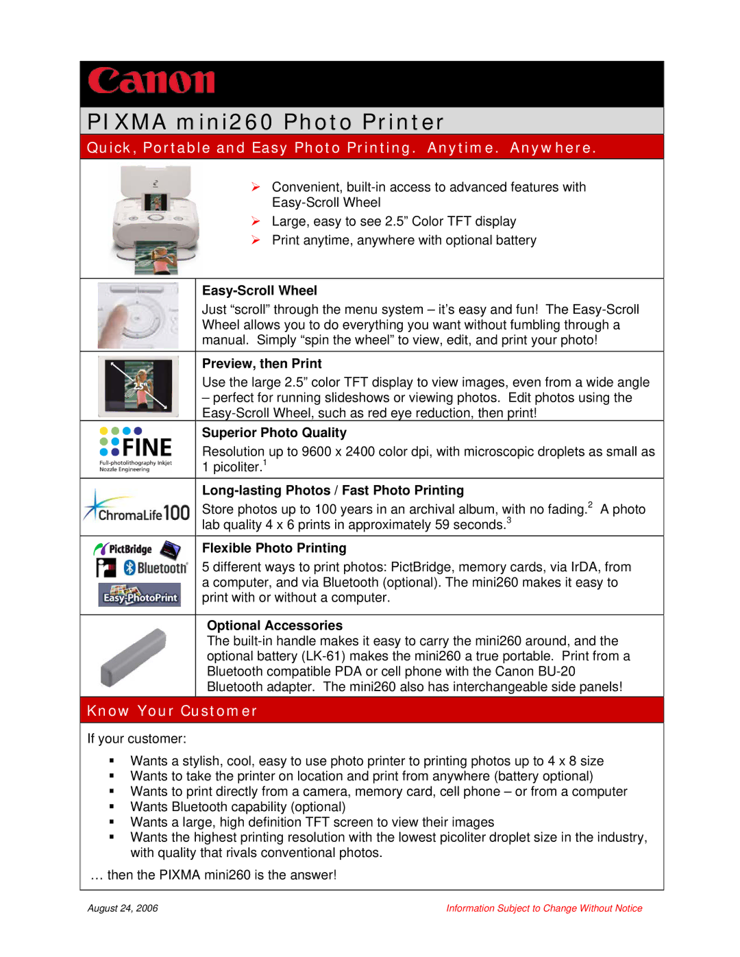 Canon MINI260 manual Quick, Portable and Easy Photo Printing. Anytime. Anywhere, Know Your Customer 